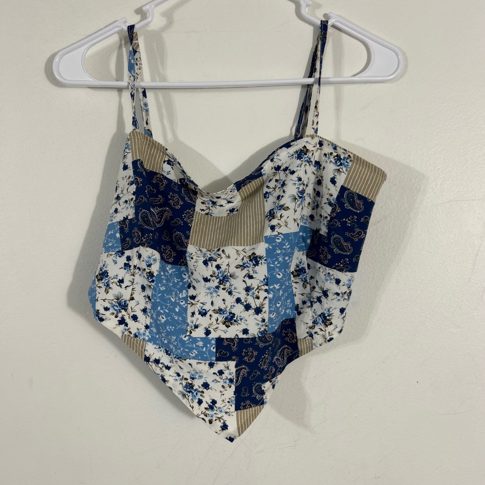SHEIN Patchwork Floral Paisley Handkerchief Top Womens Small Blue White